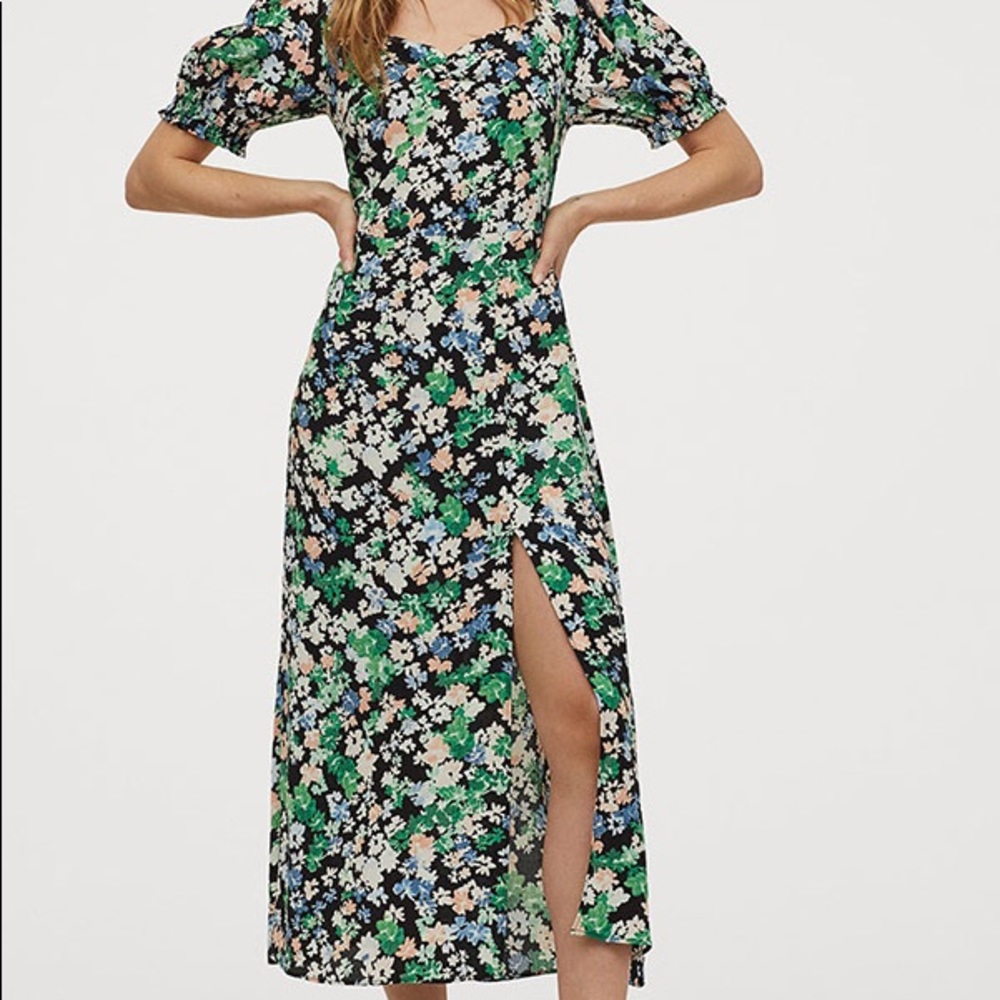 H&M puff sleeve sweetheart midi dress with slit